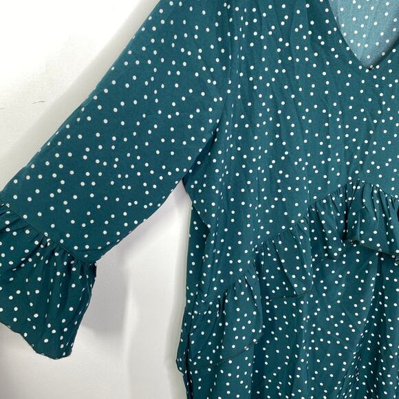 Green White Polka Dot Keyhole Mock Neck Ruffle Mini Dress Women's Size Large L - Picture 4 of 8